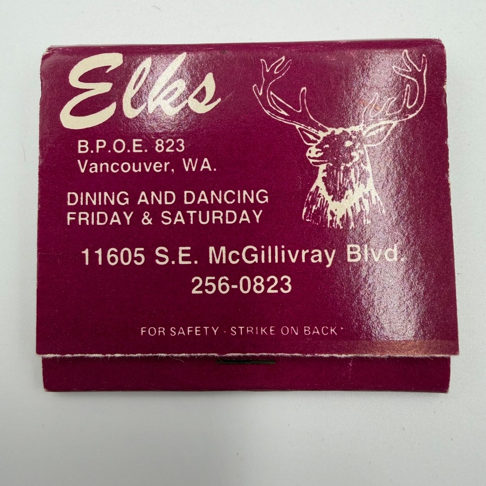 Vintage Elks Lodge BPOE 823 Vancouver WA Matchbook 11 O'Clock Toast Collectible